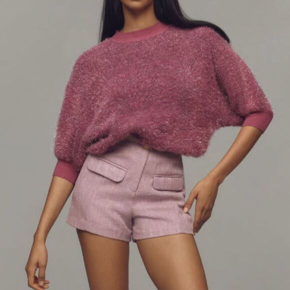 Sweaters - Women Anthropologie Maeve Violetta Tinsel Keyhole Sweater Pink Sparkle Sz Large